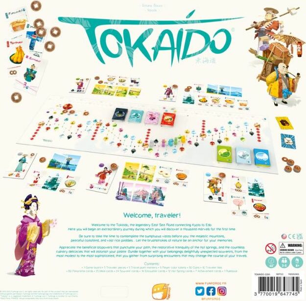 Tokaido 10th Anniversary Edition game by FunForge. The game board features vibrant illustrations and various components including cards and tokens. Players embark on a journey along the East Sea Road connecting Kyoto to Edo, experiencing stunning landscapes and cultural encounters. The design highlights various aspects of Japanese culture and travel, making for an engaging gameplay experience.