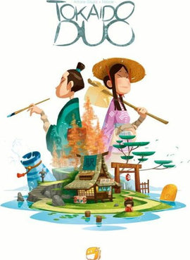 The cover art of the game Tokaido Duo by FunForge, featuring two characters—a painter and a traveler—surrounded by colorful landscapes, traditional structures, and playful elements that represent the journey theme of the game.
