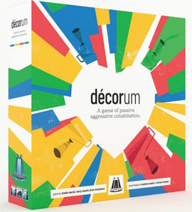 Decorum game box featuring a vibrant heart design made up of colorful shapes. The title 'Décorum' is prominently displayed in the center, alongside the tagline 'A game of passive aggressive cohabitation.' The Floodgate Games logo is visible on the side.