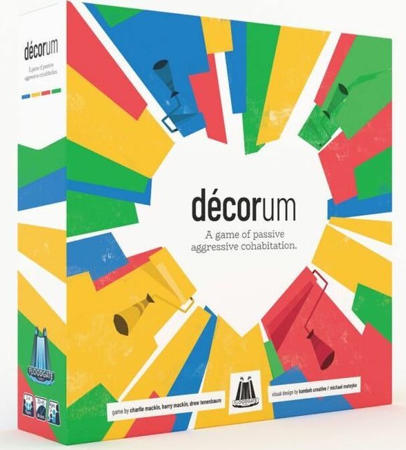 Decorum game box featuring a vibrant heart design made up of colorful shapes. The title 'Décorum' is prominently displayed in the center, alongside the tagline 'A game of passive aggressive cohabitation.' The Floodgate Games logo is visible on the side.