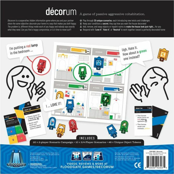 Decorum by Floodgate Games is a cooperative game for 2-4 players that explores themes of passive-aggressive cohabitation. The image features the game board with illustrated tokens representing various objects and characters engaged in playful disagreements about home decoration. The game includes unique scenario cards and tokens to navigate different living spaces, fostering communication and strategy between players as they work towards a harmonious home.