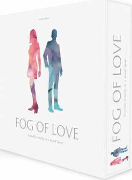 Fog of Love board game by Hush Hush Projects USA. The box features colorful silhouettes of a couple against a white background, showcasing a romantic theme. Ideal for couples and friends looking for a fun and engaging gaming experience.