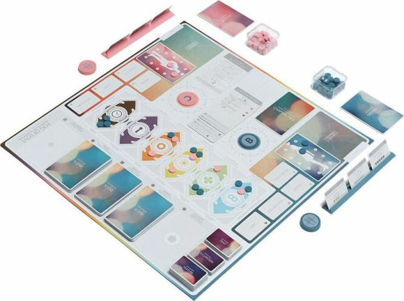 Fog of Love board game by Hush Hush Projects USA. The colorful game board features various action areas, character cards, tokens, and game pieces, designed for interactive storytelling and relationship-building experiences.