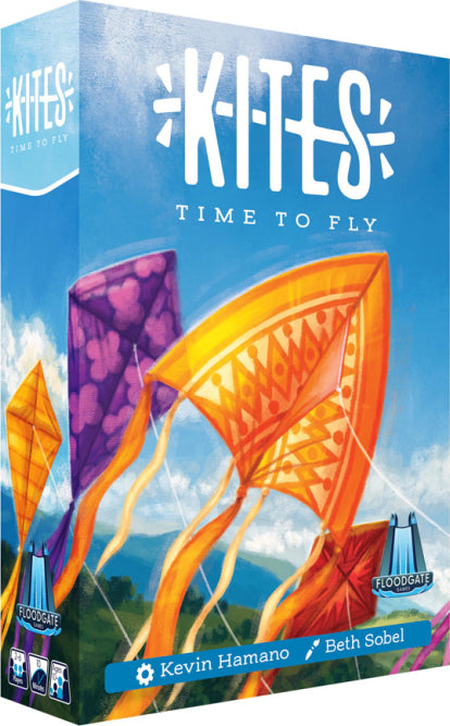 The game 'Kites' by Floodgate Games features a colorful box art with vibrant kites soaring in a blue sky. The title 'Kites' is prominently displayed at the top, and the subtitle 'Time to Fly' is included. The design showcases the creativity and fun of flying kites, with artistic illustrations of kites in different shapes and colors against a picturesque landscape.
