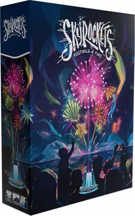 The box of the game 'Skyrockets' by Floodgate Games, featuring vibrant artwork of fireworks illuminating a night sky. Silhouetted figures watch in awe, with colors of pink, blue, and green creating a festive atmosphere. The title 'Skyrockets: Festivals & Fire' is prominently displayed at the top.