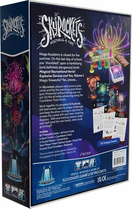 Skyrockets game by Floodgate Games, featuring a colorful box design with illustrations of fireworks. The back of the box showcases game components, including event cards, student track, and a score pad. It describes gameplay where players use unique skills to complete 30 events related to magical fireworks and festivals.