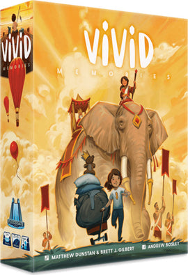 A colorful box of the game 'Vivid Memories' by FLOODGATE GAMES, LLC. The design features whimsical illustrations of an elephant, a child holding balloons, and other playful elements that evoke nostalgia and adventure, inviting players to explore their creativity and memories.