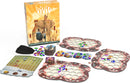 Vivid Memories game by FLOODGATE GAMES, LLC, featuring the game box, colorful game boards, various gem tokens, and player cards laid out on a white background. The game box showcases vibrant artwork depicting characters and an elephant.