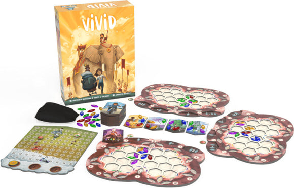 Vivid Memories game by FLOODGATE GAMES, LLC, featuring the game box, colorful game boards, various gem tokens, and player cards laid out on a white background. The game box showcases vibrant artwork depicting characters and an elephant.