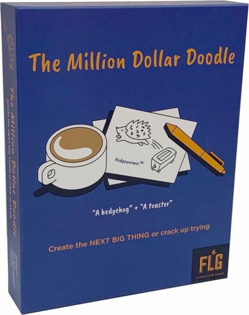 The Million Dollar Doodle game box featuring a coffee cup, a pencil, and two sketches of a hedgehog and a toaster. The subtitle reads 'Create the NEXT BIG THING or crack up trying' with playful graphics.