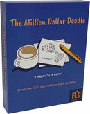 The Million Dollar Doodle game box featuring a coffee cup, a pencil, and two sketches of a hedgehog and a toaster. The subtitle reads 'Create the NEXT BIG THING or crack up trying' with playful graphics.