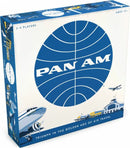 Pan Am board game box by Funko, featuring a prominent blue globe design with the Pan Am logo. The box includes illustrations related to classic air travel, with text stating 'Triumph in the Golden Age of Air Travel'. Designed for 2-4 players, suitable for ages 12 and up.