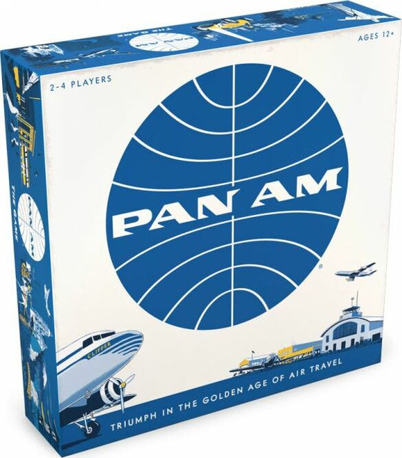 Pan Am board game box by Funko, featuring a prominent blue globe design with the Pan Am logo. The box includes illustrations related to classic air travel, with text stating 'Triumph in the Golden Age of Air Travel'. Designed for 2-4 players, suitable for ages 12 and up.