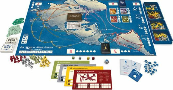 Pan Am (2020) board game by Funko, featuring a colorful game board depicting air routes across North America and Asia, various player tokens in multiple colors, cards, and game pieces, all organized for strategic gameplay.