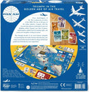 Back view of the Pan Am game by Funko featuring vibrant illustrations of airplanes, game pieces including airports and destination cards, and a world map layout. The game immerses players in the golden age of air travel, allowing them to compete as airline executives, expand fleets, and strategically build landing rights while navigating the history of aviation.