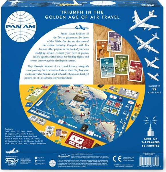 Back view of the Pan Am game by Funko featuring vibrant illustrations of airplanes, game pieces including airports and destination cards, and a world map layout. The game immerses players in the golden age of air travel, allowing them to compete as airline executives, expand fleets, and strategically build landing rights while navigating the history of aviation.
