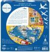 The back of the Pan Am board game package by Funko, LLC, showcasing colorful illustrations of game components, including game pieces, a game board, and a set of instructions. The design features a blue background, an airplane motif, and highlights related to travel and aviation, emphasizing the theme of managing a global airline.