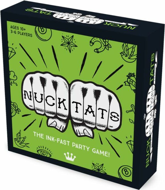 Nuck Tats party game box featuring bold typography and vibrant green background. The design includes illustrations and symbols, promoting the game as an ink-fast experience for 3-6 players aged 10 and up.