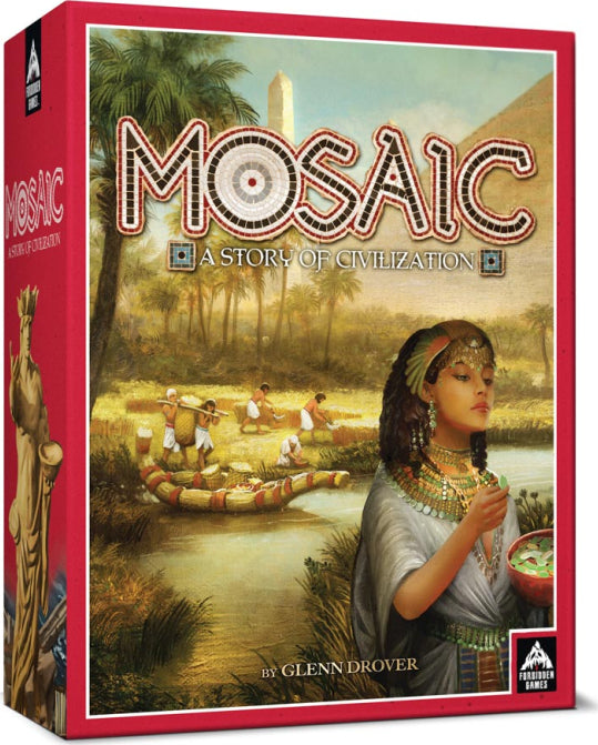 The box cover of the game 'Mosaic', designed by Forbidden Games, showcases a vibrant illustration depicting a scene of civilization. In the foreground, a woman in traditional attire holds a bowl, while behind her, workers are seen harvesting crops near a serene river adorned with lush greenery. The artwork highlights the game's theme of building cultures and empires.