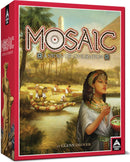 The box cover of the game 'Mosaic', designed by Forbidden Games, showcases a vibrant illustration depicting a scene of civilization. In the foreground, a woman in traditional attire holds a bowl, while behind her, workers are seen harvesting crops near a serene river adorned with lush greenery. The artwork highlights the game's theme of building cultures and empires.