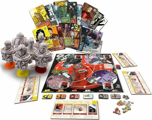 The Shadow Planet game by Galakta features an intricate game board with colorful circular zones, various character cards displaying unique artwork, and detailed game pieces. The set includes rules cards, tokens, and objectives, perfect for strategy enthusiasts.