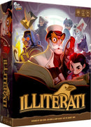 The game 'Illiterati' by Gap Closer Games features a colorful box cover. It showcases intriguing characters including a scholarly figure in a white coat, accompanied by whimsical individuals in unique outfits. A menacing creature looms behind, hinting at the game's narrative, while vibrant colors and dramatic poses engage the viewer's attention. The box highlights its age recommendation and player count, enticing players to explore its mysteries.