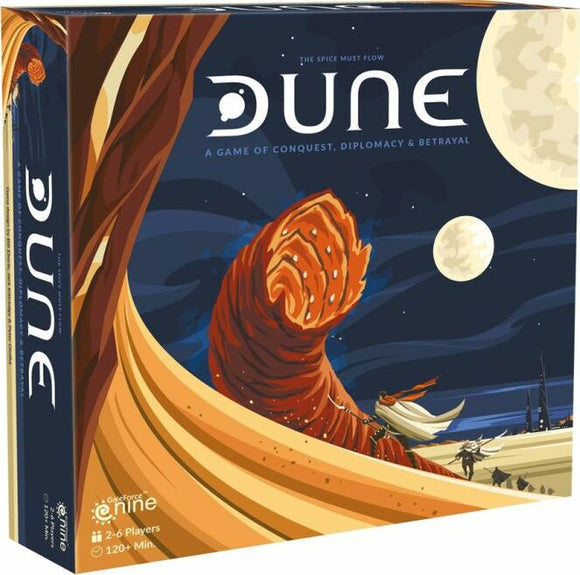 Box of the board game 'Dune' by Gale Force Nine, featuring vibrant artwork of a massive sandworm and a desert landscape under a starry sky. The title 'Dune' is prominently displayed at the top, celebrating themes of conquest, diplomacy, and betrayal.
