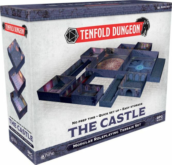 Tenfold Dungeon: The Castle game box showcasing a modular roleplaying terrain set. The cover displays a detailed layout of a castle with various rooms and a central area. The design emphasizes quick setup and easy storage, ideal for tabletop RPG enthusiasts.