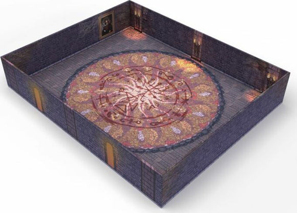 A 3D representation of Tenfold Dungeon: The Castle game by Gale Force 9. The image shows a detailed interior of a castle room with a patterned circular rug in the center, surrounded by stone walls and lit by wall sconces. Two doors can be seen leading out of the room, with a painting on the wall, enhancing the medieval ambiance.