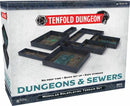 Tenfold Dungeon: Dungeons & Sewers game box showcasing a modular tabletop terrain set designed for roleplaying games. Features various interconnected dungeon sections, with visual details like pools and pathways. Suitable for ages 14 and up, emphasizing no prep time and easy setup.