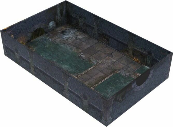 Tenfold Dungeon: Dungeons & Sewers game by Gale Force 9, featuring a detailed layout of a dungeon setting with stone textures, water pools, and multiple entry points, designed for immersive gaming experiences.