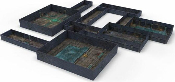 A detailed layout of Tenfold Dungeon: Dungeons & Sewers game from Gale Force 9, showcasing intricate dungeon walls, pathways, and a central water feature, perfect for tabletop role-playing adventures.