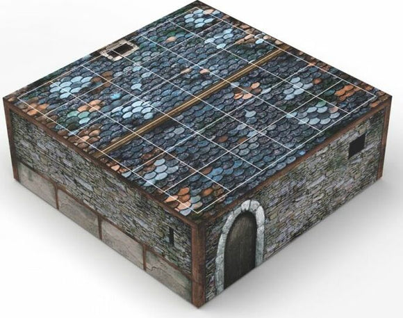 A detailed game box for 'Tenfold Dungeon: The Town' by Gale Force 9, showcasing a textured stone building with a slate roof. The box features a realistic design, including wooden door and stone wall elements, ideal for immersive gameplay.