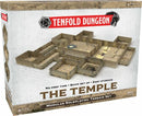 A box of the Tenfold Dungeon: The Temple game, showcasing a detailed modular roleplaying terrain set. The packaging features vibrant graphics with text indicating 'No prep time', 'Quick set up', and 'Easy storage'. The terrain is designed for roleplaying games, enticing players to create immersive experiences.