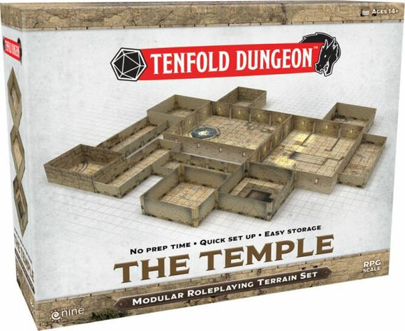 A box of the Tenfold Dungeon: The Temple game, showcasing a detailed modular roleplaying terrain set. The packaging features vibrant graphics with text indicating 'No prep time', 'Quick set up', and 'Easy storage'. The terrain is designed for roleplaying games, enticing players to create immersive experiences.