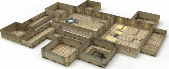 3D view of Tenfold Dungeon: The Temple game by Gale Force 9, featuring a detailed dungeon layout with multiple connected rooms, corridors, and a central circular chamber.