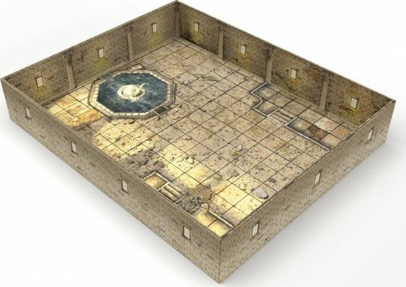 A detailed tabletop gaming accessory showcasing a 3D dungeon layout titled 'Tenfold Dungeon: The Temple'. The design features textured stone walls and a central fountain, surrounded by intricate tile patterns and scattered debris, perfect for enhancing fantasy role-playing games.