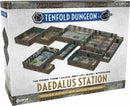 Tenfold Dungeon: Daedalus Station game by Gale Force 9. The image shows a box containing modular roleplaying terrain pieces designed for RPGs. The terrain is intricately detailed with sci-fi themes, featuring rooms and hallways that can be arranged in various configurations for gameplay. The box highlights features including no prep time, quick setup, and easy storage.