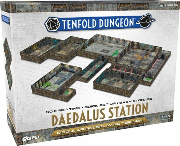 Tenfold Dungeon: Daedalus Station game by Gale Force 9. The image shows a box containing modular roleplaying terrain pieces designed for RPGs. The terrain is intricately detailed with sci-fi themes, featuring rooms and hallways that can be arranged in various configurations for gameplay. The box highlights features including no prep time, quick setup, and easy storage.