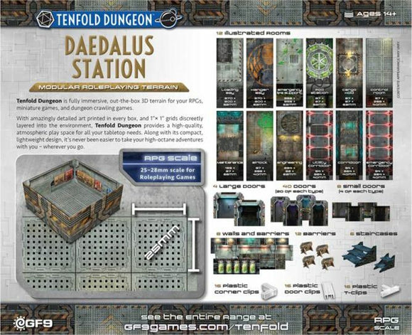 Tenfold Dungeon: Daedalus Station by Gale Force 9, featuring modular 3D terrain for tabletop roleplaying games. Includes illustrated rooms, large and small doors, barriers, and staircases, all designed for immersive gameplay in RPGs, miniatures, and dungeon crawling adventures.