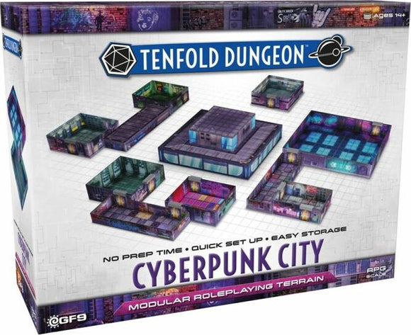 Tenfold Dungeon: Cyberpunk City game box featuring modular roleplaying terrain pieces. The box showcases vibrant illustrations of various terrain layouts, suitable for RPGs. Text highlights features like 'No Prep Time', 'Quick Set Up', and 'Easy Storage'.