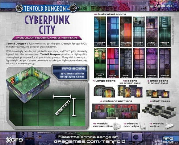 Tenfold Dungeon: Cyberpunk City, a modular roleplaying terrain kit by Gale Force 9, featuring 128 illustrated rooms, walls, large and small doors, and corner clips for immersive gameplay. Perfect for RPGs and miniature games.
