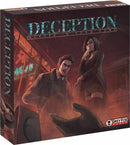 Deception: Murder in Hong Kong board game by Grey Fox Games. The box features a striking illustration of two detectives investigating a crime scene, with ominous shadows and a gripping atmosphere that hints at mystery and intrigue.
