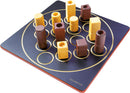 Quarto game by Gigamic featuring a grid board with an arrangement of ten unique wooden pieces in different shapes and colors. Players must strategically place the pieces to achieve a win condition based on color, shape, or size.