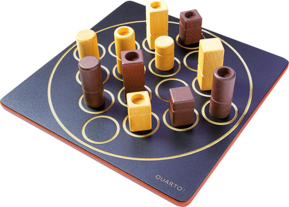 Quarto game by Gigamic featuring a grid board with an arrangement of ten unique wooden pieces in different shapes and colors. Players must strategically place the pieces to achieve a win condition based on color, shape, or size.