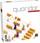 Quoridor board game by Gigamic, featuring a grid layout with wooden walls and colorful player pawns. The packaging is sleek and modern, showcasing the game's name and designer.