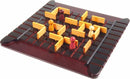 A wooden board game, Quoridor by Gigamic, featuring a grid layout with colorful pawn pieces and wooden walls. Players maneuver their pieces, strategically placing barriers to block opponents while racing to reach the opposite side of the board.