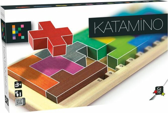 The Katamino Classic game by Gigamic features colorful wooden pieces in various shapes, including a red plus shape, arranged on a wooden board. The packaging showcases the game's name and age recommendation, intended for children aged 3 and up. This mechanical puzzle encourages logical thinking and spatial awareness through engaging play.