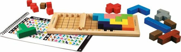 Katamino Classic by Gigamic is a mechanical puzzle featuring a wooden board with various colored geometric pieces. The set includes a grid layout for placement, numerous shapes like L, T, and square pieces in vibrant colors, as well as a spiral-bound booklet with challenges and solutions. Ideal for enhancing problem-solving skills and spatial awareness, this game is perfect for all ages.