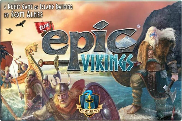 Tiny Epic Vikings board game features vibrant artwork of Viking warriors preparing for an island raid, showcasing various characters, ships, and a scenic coastal background. The game's title is prominently displayed, along with the publisher's logo, Gamelyn Games.